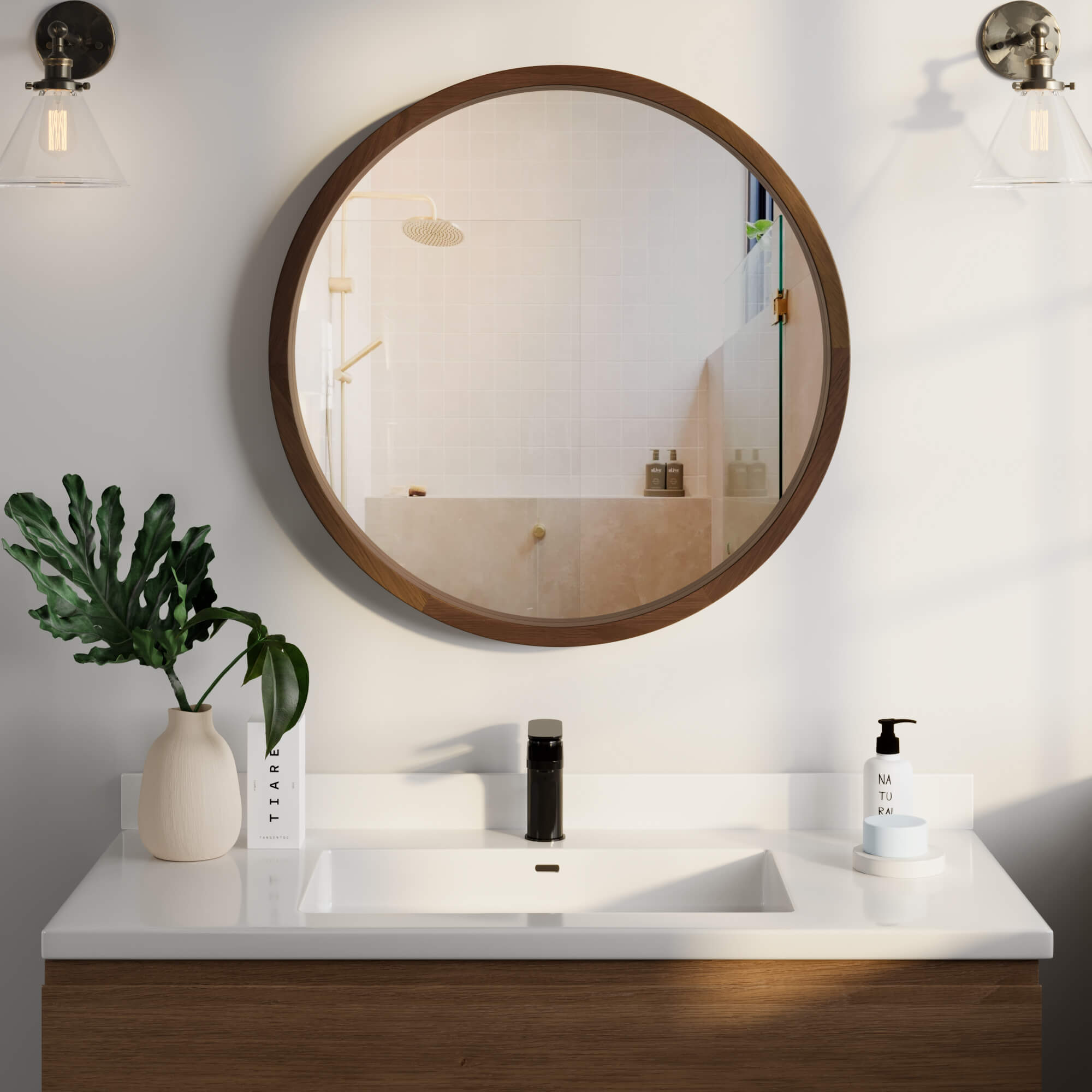 מראת עץ אגוז עגולה